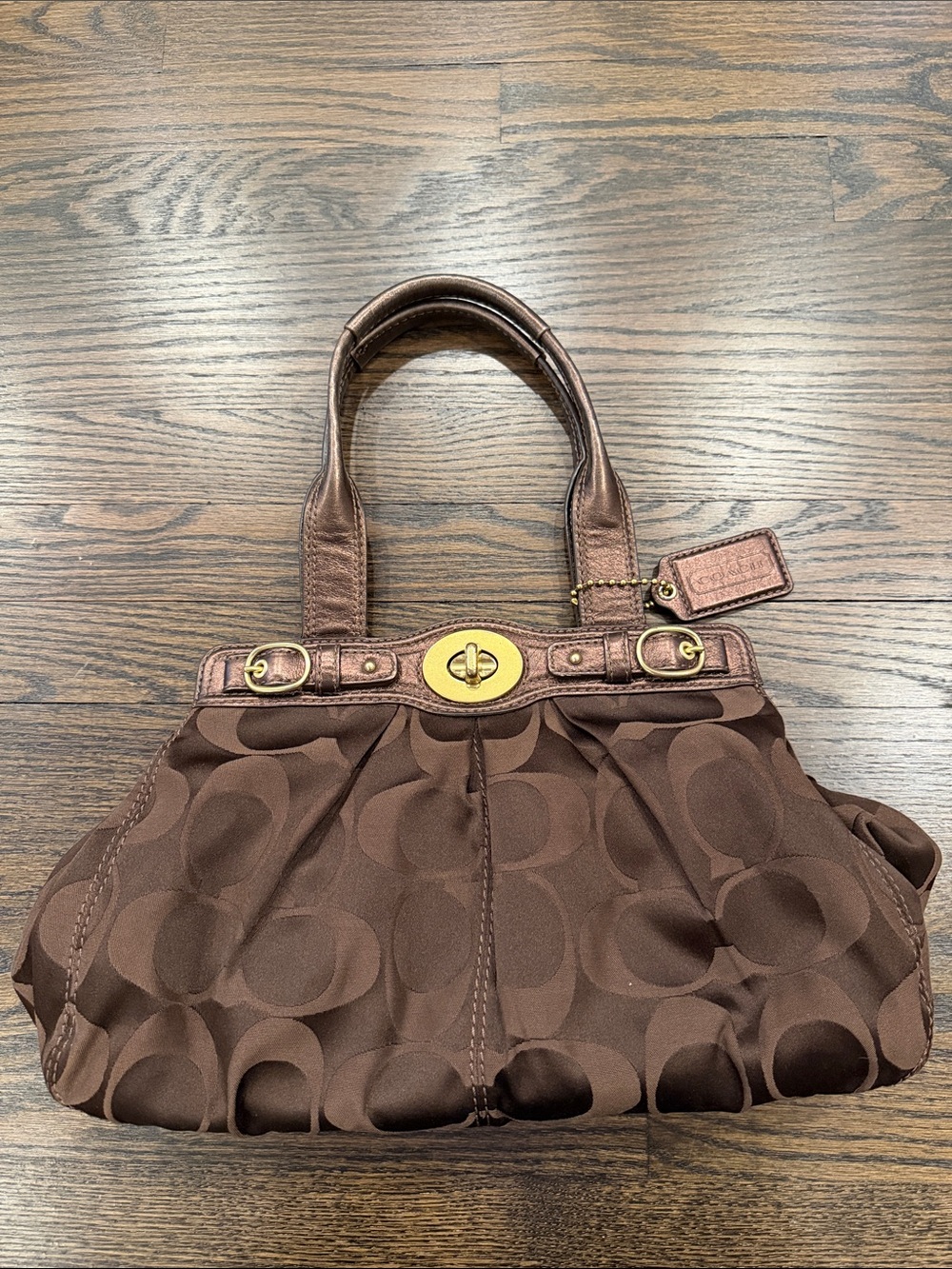 Coach Brown Signature Shoulder Bag with Gold-Tone Turnlock